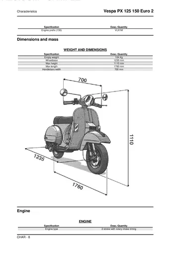 Piaggio Vespa PX 125 & PX 150 Euro 2 Service Manual Sample Preview: Factory identification and engine specifications for Vespa PX 125 and PX 150 Euro 2