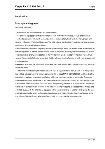 Piaggio Vespa PX 125 & PX 150 Euro 2 Service Manual Sample Preview: Automatic oil-mixer system diagram and operating principle for the 2-stroke engine