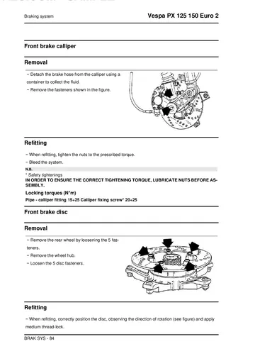Piaggio Vespa PX 125 & PX 150 Euro 2 Service Manual Sample Preview: Front hydraulic disc-brake service procedures and factory tightening specifications
