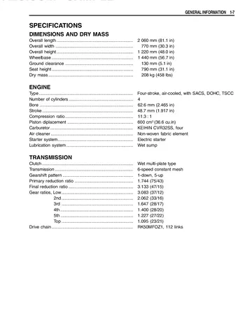 Suzuki GSF600 / GSF600S Bandit Service Manual (2000-2002) Sample Preview: Factory GSF600S specifications for the 600 cc SACS engine, Keihin carburetors and six-speed drivetrain