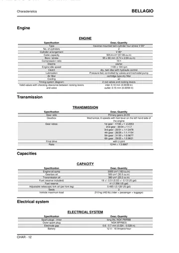 Moto Guzzi Bellagio 940 Service Manual (2007-2014) Sample Preview: Factory 935.6 cc V-twin and drivetrain specifications, including 95 × 66 mm bore and stroke, 10:1 compression, dry twin-disc clutch, six-speed gearbox and 12/44 shaft-drive ratio