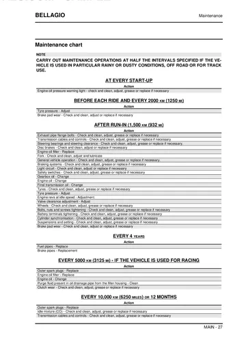 Moto Guzzi Bellagio 940 Service Manual (2007-2014) Sample Preview: Factory maintenance chart covering pre-ride, running-in and recurring mileage-based service operations