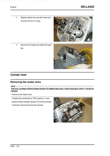 Moto Guzzi Bellagio 940 Service Manual (2007-2014) Sample Preview: Factory cylinder-head and rocker-arm removal procedure during engine overhaul