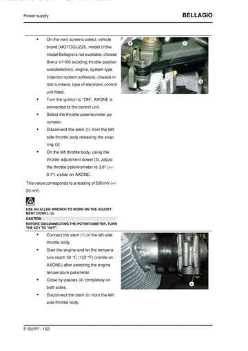 Moto Guzzi Bellagio 940 Service Manual (2007-2014) Sample Preview: Factory throttle-body synchronisation and EFI adjustment procedure using the Axone diagnostic system