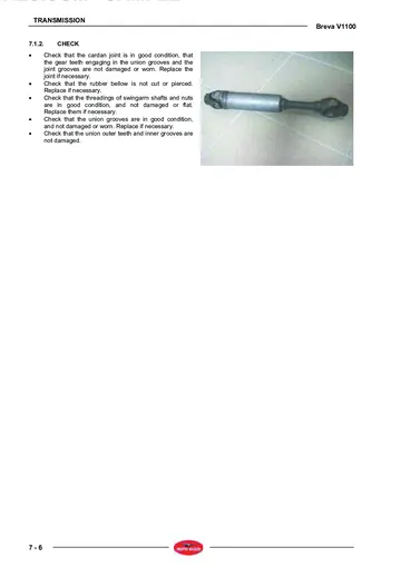 Moto Guzzi Breva V1100 Service Manual (2005-2007) Sample Preview: Factory cardan-joint inspection procedure for the reactive shaft-drive swingarm