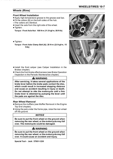 Kawasaki Vulcan 900 Custom VN900C Service Manual (2007–2015) Sample Preview: Front wheel installation and rear wheel removal procedures with torque specifications