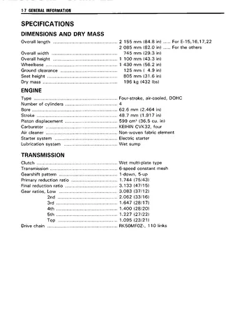 Suzuki GSF600 / GSF600S Bandit Service Manual (1995-1999) Sample Preview: 1995 base-model factory specifications for the 599 cc air-cooled engine, Keihin carburetors and six-speed drivetrain
