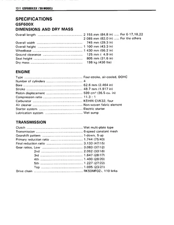 Suzuki GSF600 / GSF600S Bandit Service Manual (1995-1999) Sample Preview: GSF600X / GSF600SX 1999 factory specifications showing the final model-year update in this compilation