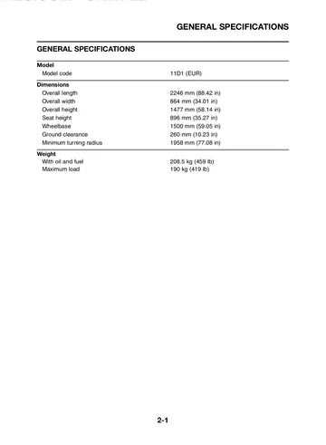 Yamaha XT660Z Tenere Service Manual (2008) Sample Preview: Factory general specifications and 11D1 European model code