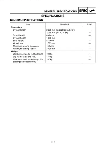 Yamaha YZF-R1 Service Manual (1998) Sample Preview: Factory general specifications for the original YZF-R1