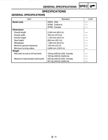 Yamaha YZF-R1P / YZF-R1PC Service Manual (2002) Sample Preview: Factory general specifications and 5PW4/5PW5/5PW6 model codes