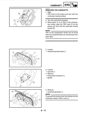 Yamaha YZF-R1P / YZF-R1PC Service Manual (2002) Sample Preview: Camshaft removal and engine service procedure