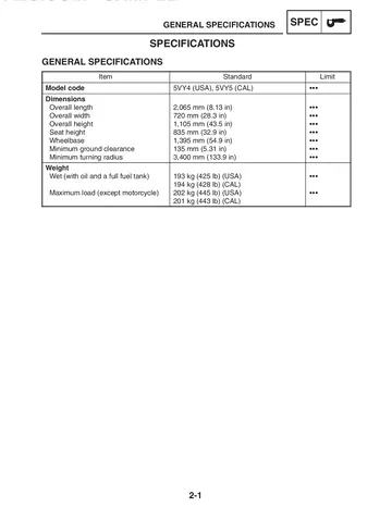 Yamaha YZF-R1S / YZF-R1SC Service Manual (2004) Sample Preview: Factory general specifications and 5VY4/5VY5 model codes