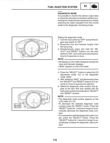 Yamaha YZF-R1S / YZF-R1SC Service Manual (2004) Sample Preview: Fuel-injection diagnostic mode and self-diagnosis procedure