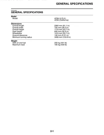 Yamaha YZF-R1W / YZF-R1WC Service Manual (2007) Sample Preview: Factory general specifications and 4C84/4C85 model codes