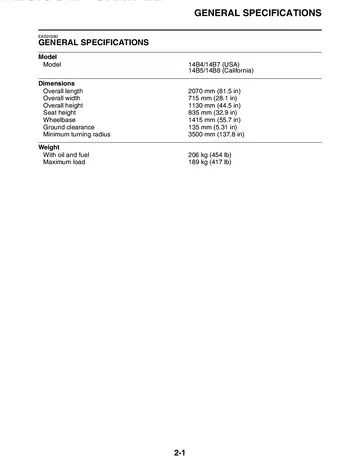 Yamaha YZF-R1Y / YZF-R1YC Service Manual (2009) Sample Preview: Factory general specifications and 14B-series model codes
