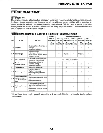 Yamaha YZF-R1Y / YZF-R1YC Service Manual (2009) Sample Preview: Periodic maintenance and emission-control service schedule