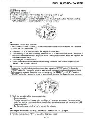 Yamaha YZF-R1Y / YZF-R1YC Service Manual (2009) Sample Preview: Fuel-injection diagnostic mode and fault-code procedure