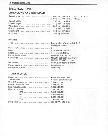 Suzuki VZ800 Marauder Service Manual (1997-2004) Sample Preview: 1997 VZ800V factory specifications and 805 cc V-twin drivetrain data
