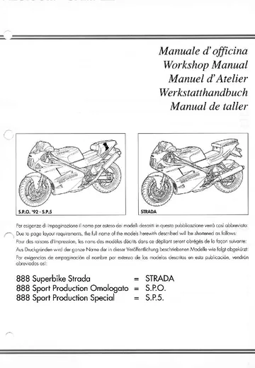Ducati 888 Strada/SPO/SP5 Service Manual (1991-1994) Sample Preview: Factory workshop-manual cover identifying the 888 Strada, 888 Sport Production Omologato and 888 Sport Production Special