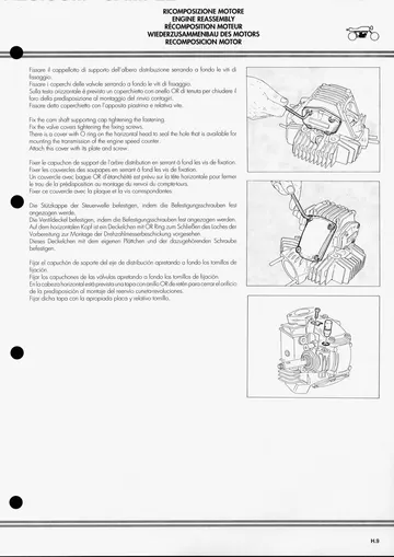 Ducati Monster M900 Desmodue Service Manual (1992-1998) Sample Preview: Factory multilingual engine-reassembly procedure for camshaft support and valve covers