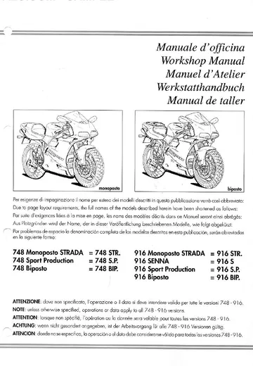 Ducati 748/916 Service Manual (1994-2002) Sample Preview: Factory manual cover listing the 748 Strada, 748 Sport Production, 748 Biposto, 916 Strada, 916 Senna, 916 Sport Production and 916 Biposto variants