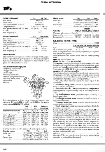 Ducati 748/916 Service Manual (1994-2002) Sample Preview: English factory engine specifications for 748 and 916 variants, including bore, stroke, displacement, compression, power and injection-system data
