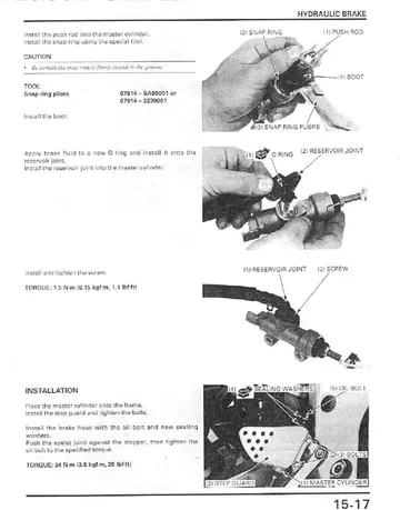 Honda CBR900RR Fireblade Service Manual (1996-1998) Sample Preview: Hydraulic brake service procedures with master-cylinder components and installation details