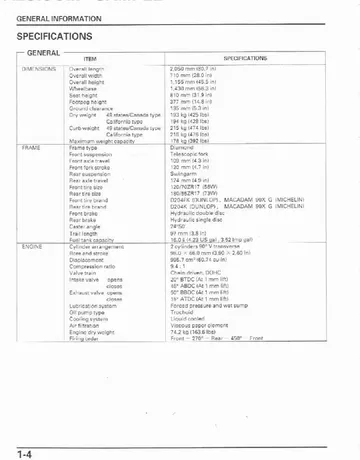 Honda VTR1000F SuperHawk Service Manual (1998-2003) Sample Preview: Factory dimensions, chassis and 995.7 cc V-twin engine specifications for the VTR1000F