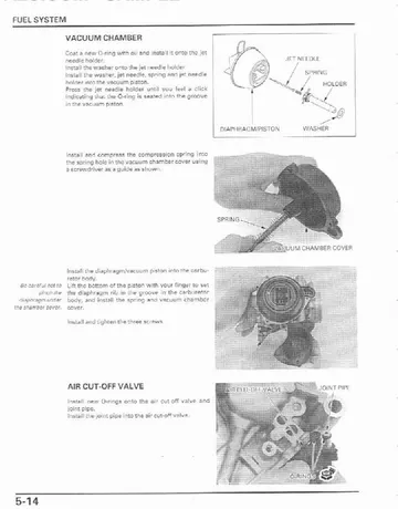 Honda VTR1000F SuperHawk Service Manual (1998-2003) Sample Preview: Twin-carburetor fuel-system service procedure with diaphragm, jet and air-cut-valve components