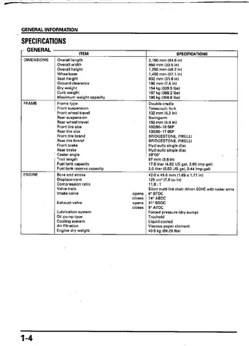 Honda XL125V Varadero Service Manual (2001-2006) Sample Preview: Factory dimensions, chassis and 125 cc liquid-cooled V-twin specifications for the carbureted XL125V