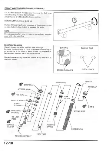 Honda XL125V Varadero Service Manual (2001-2006) Sample Preview: Front suspension service procedure showing fork disassembly, inspection and component layout