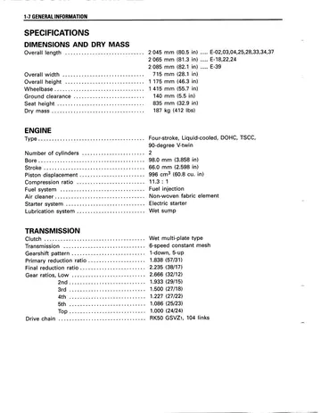 Suzuki TL1000S Service Manual (1997-2001) Sample Preview: 1997 TL1000SV factory specifications for the 996 cc 90-degree V-twin and six-speed drivetrain
