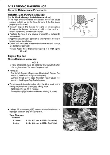 Kawasaki Ninja ZX-14R / ZX-14R ABS / ZZR1400 ABS Service Manual (2012) Sample Preview: Valve-clearance inspection and shim adjustment with intake and exhaust specifications