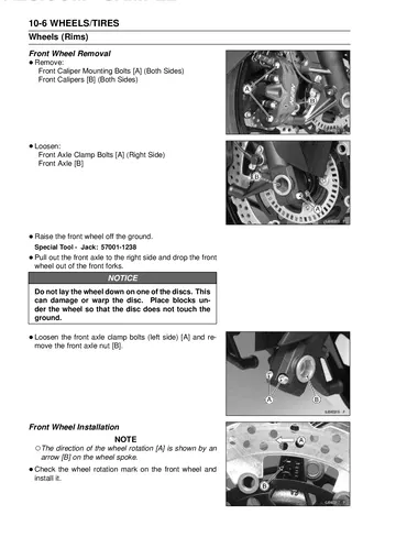 Kawasaki Ninja ZX-14R / ZX-14R ABS / ZZR1400 ABS Service Manual (2012) Sample Preview: Front wheel removal and installation procedure with brake-caliper and axle instructions