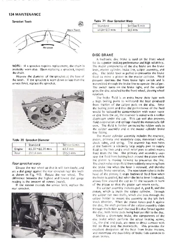 Kawasaki KZ400 / KZ400D Shop Manual (1974–1975) Sample Preview: Disc-brake maintenance and rear-sprocket inspection procedures
