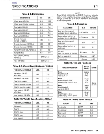 Buell Lightning XB9SX / XB12S / XB12Scg / XB12Ss Service Manual (2007) Sample Preview: Chassis specifications showing model-specific wheelbase, seat height, fuel capacity and weight for XB9SX, XB12S, XB12Scg and XB12Ss