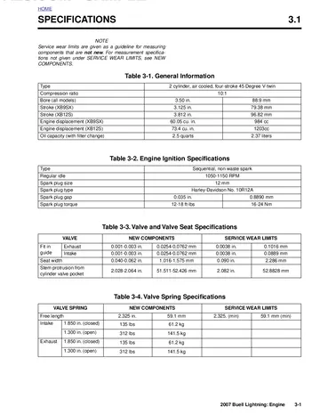 Buell Lightning XB9SX / XB12S / XB12Scg / XB12Ss Service Manual (2007) Sample Preview: Factory engine specifications for the 984 cc XB9SX and 1,203 cc XB12 Lightning engines, including bore, stroke and 10:1 compression