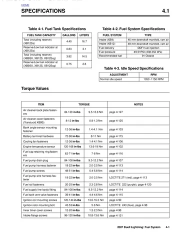 Buell Lightning XB9SX / XB12S / XB12Scg / XB12Ss Service Manual (2007) Sample Preview: DDFI fuel-system specifications showing 45 mm XB9 and 49 mm XB12 intake systems, fuel pressure and model-specific fuel capacities