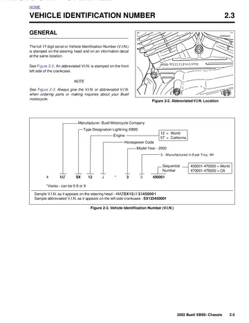 Buell XB9S Lightning Service Manual (2003) Sample Preview: 2003 XB9S VIN identification showing Lightning designation, 984 cc engine codes and model year 2003