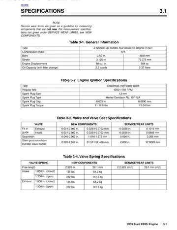 Buell XB9S Lightning Service Manual (2003) Sample Preview: Factory engine specifications for the 984 cm³ air-cooled 45-degree V-twin