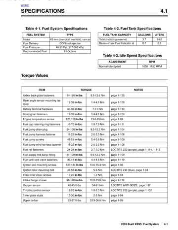Buell XB9S Lightning Service Manual (2003) Sample Preview: Factory DDFI fuel-system specifications including 45 mm ram-air intake, 46-53 psi fuel pressure and 3.7-gallon fuel capacity