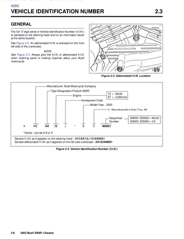Buell XB9R Firebolt Service Manual (2003) Sample Preview: 2003 XB9R VIN identification page showing Firebolt designation, 984 cc engine codes and model-year code 3