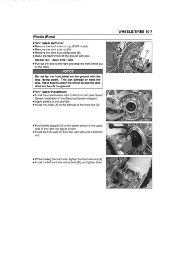 Kawasaki KLX250 / D-Tracker X Service Manual (2009–2012) Sample Preview: Front wheel removal and installation procedure with service illustrations