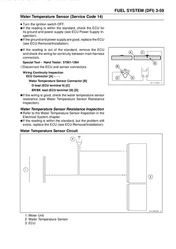 Kawasaki Ninja ZX-6R Service Manual (2009) Sample Preview: DFI water-temperature sensor diagnosis, service code 14 and ECU circuit checks