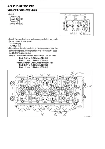 Kawasaki Ninja ZX-6R Service Manual (2009) Sample Preview: Camshaft installation with cap tightening sequence and torque specifications