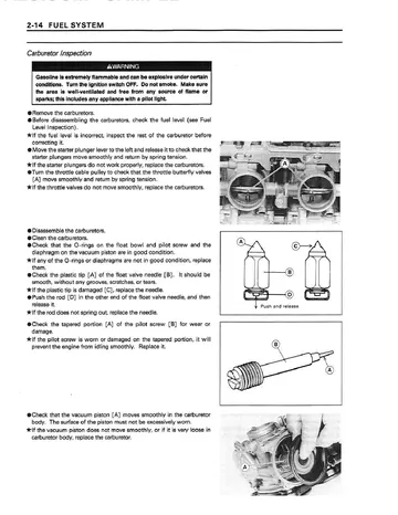 Kawasaki Ninja ZX-6R F1-F3 Service Manual (1995–1997) Sample Preview: Carburetor inspection procedures with float-valve, pilot-screw and vacuum-piston checks