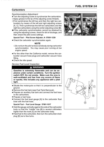 Kawasaki Ninja ZX-6R ZX600-J Service Manual (2000–2002, 2005–2008) Sample Preview: Carburetor synchronization adjustment and service fuel-level inspection