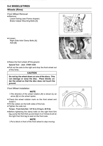 Kawasaki Ninja ZX-6R ZX600-J Service Manual (2000–2002, 2005–2008) Sample Preview: Front wheel removal and installation with axle torque specification
