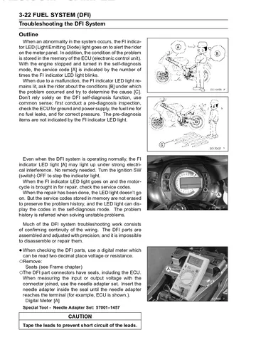 Kawasaki Ninja ZX-6R (2003–2004) / ZX-6RR (2003) Service Manual Sample Preview: DFI troubleshooting, ECU self-diagnosis and service-code procedures